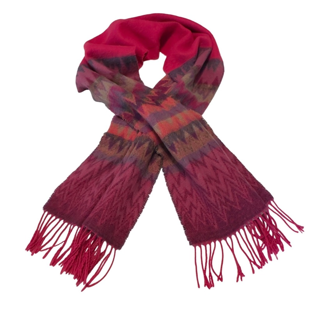 100% Cashmere Scarf Made in Scotland Pink Burgundy Zigzag Geometric Fringe 67"